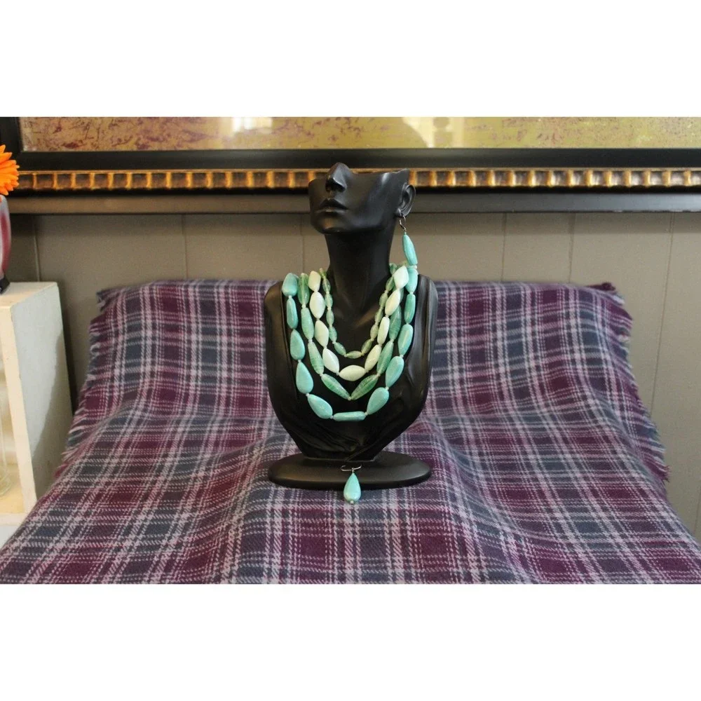Aqua Blue Glass Multi-strand Hefty Necklace and Earring Set